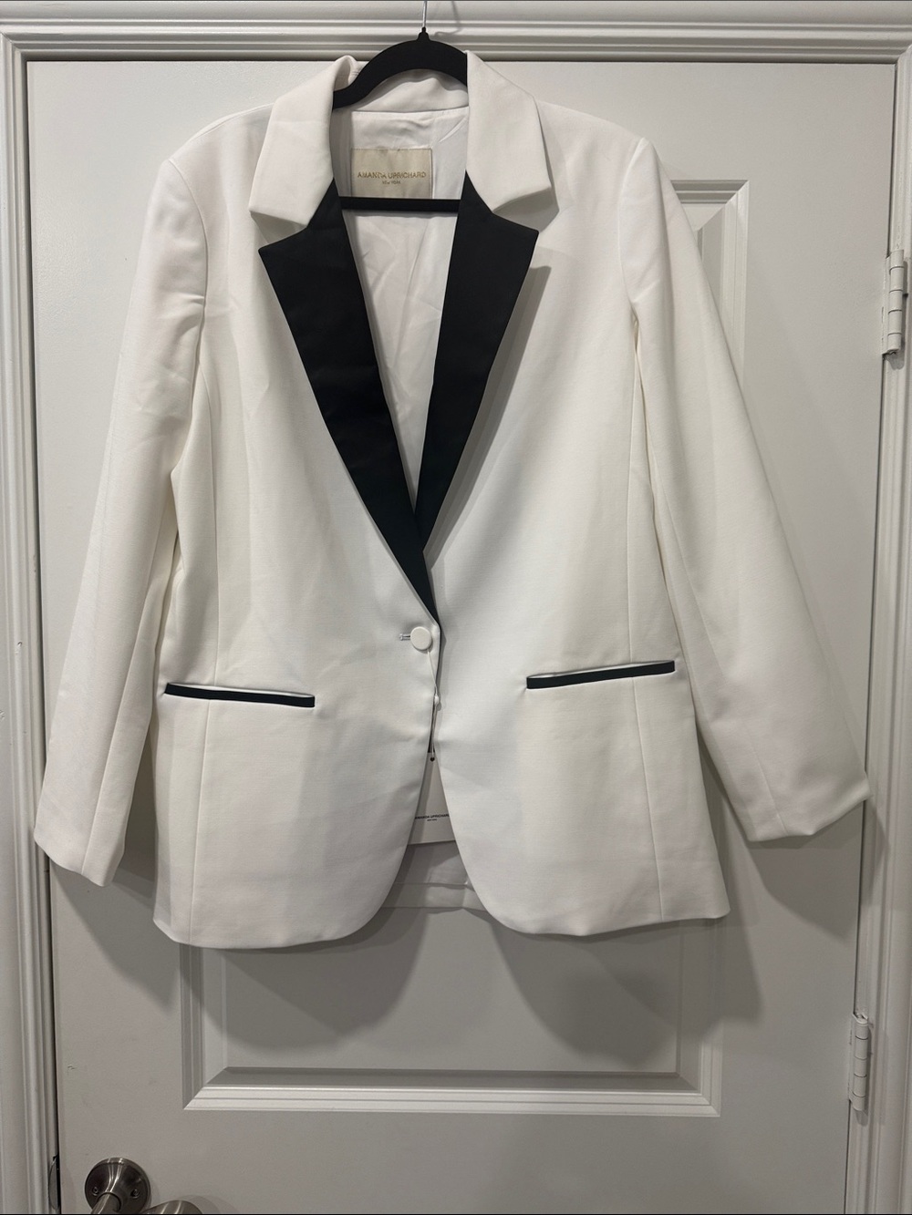 Amanda Uprichard White Blazer with Black Satin Lapel Trim